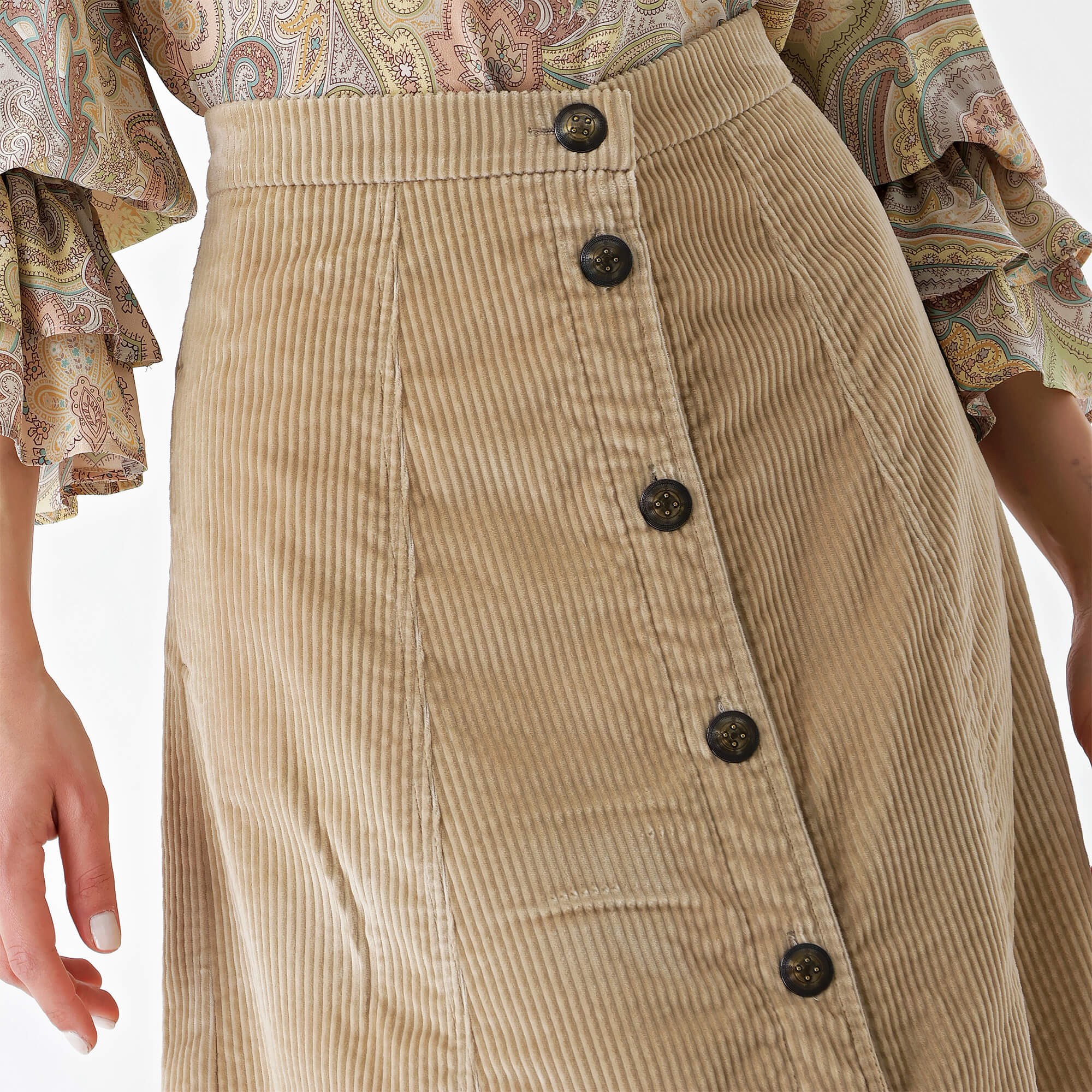 Etro-Beige Velvet Buttoned Front Midi Skirt